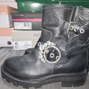 Karl Lagerfeld Black Leather Combat Boots with Crystal Detail